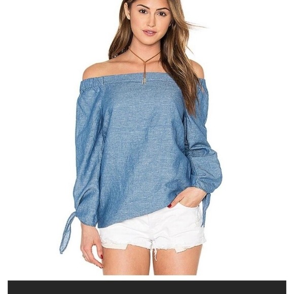 Free People Tops - Free People Off The Shoulder Denim Chambray Long Sleeve Top Linen Cotton Small